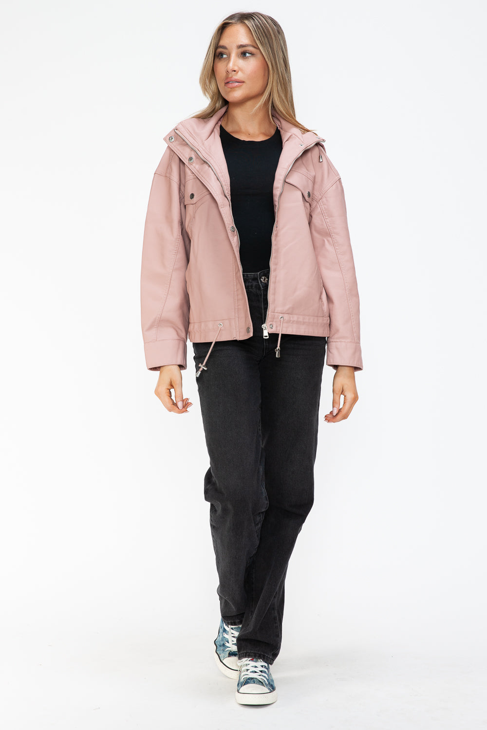 Outfit Flow - How Dare U Drawstring Hem PU Leather Zip Up Jacket