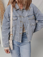 Bow Knot Print Light Wash Raw Hem Denim Jacket OutfitFlow