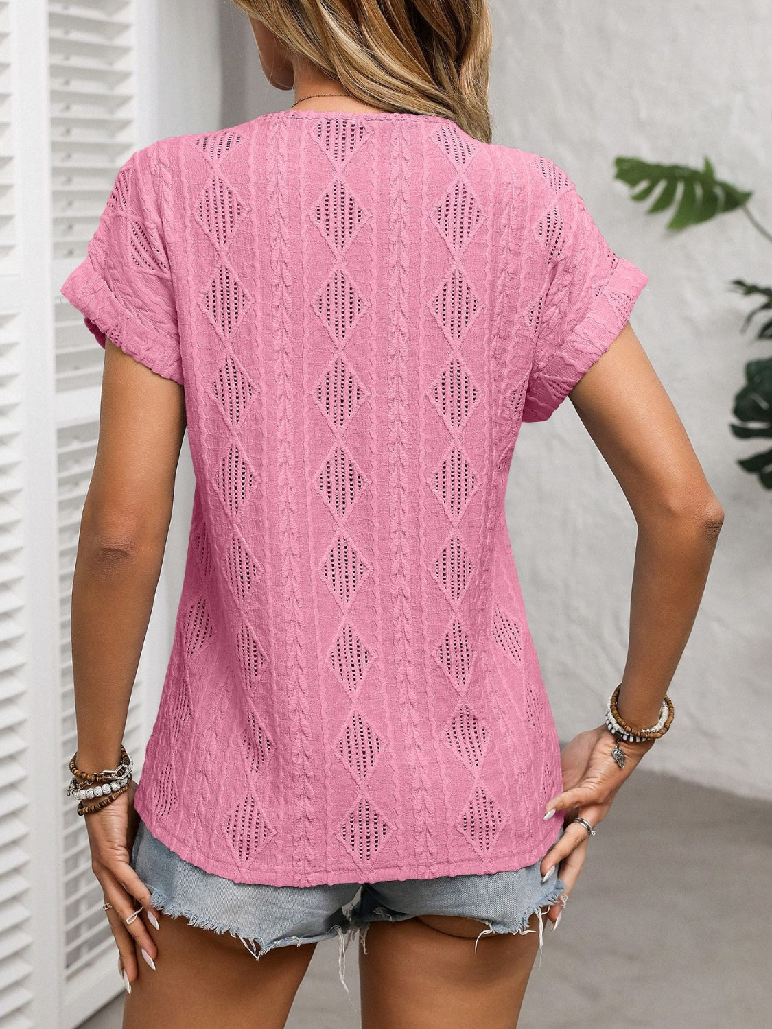 Openwork V-Neck Short Sleeve T-Shirt OutfitFlow
