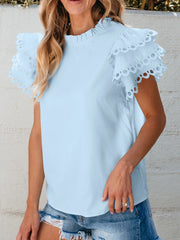 Layered Ric Rac Short Sleeve Filled Neck Blouse OutfitFlow