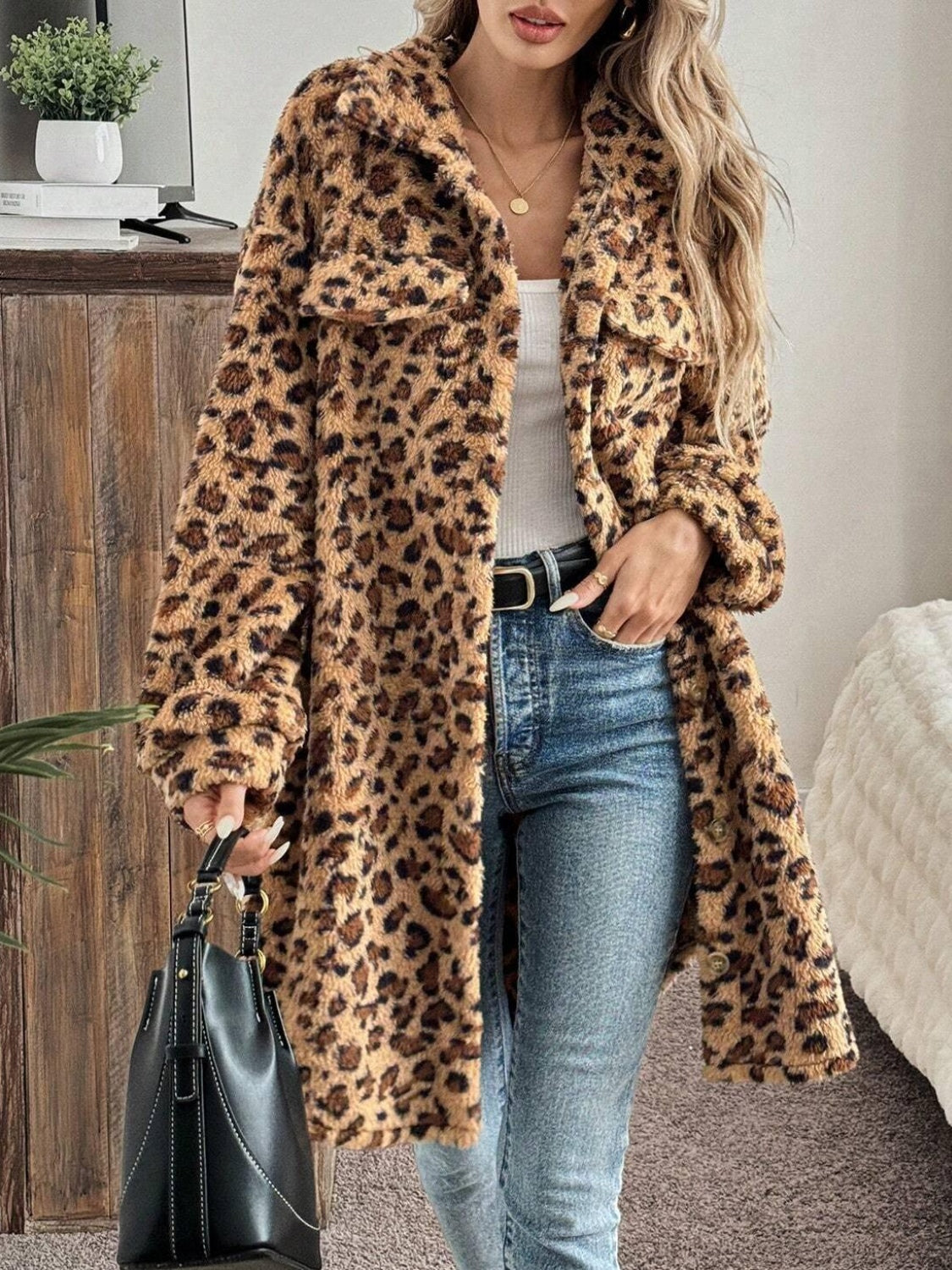 Outfit Flow - Leopard Button Up Long Sleeve Fuzzy Coat