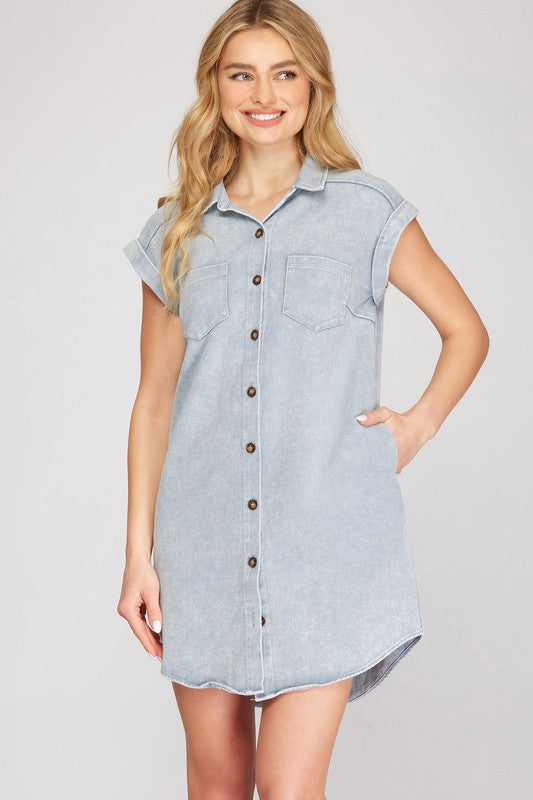 She + Sky Full Size Folded Cuff Button Down Washed Twill Shirt Dress Plus Size Blue Grey OutfitFlow