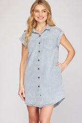 She + Sky Full Size Folded Cuff Button Down Washed Twill Shirt Dress Plus Size Blue Grey OutfitFlow