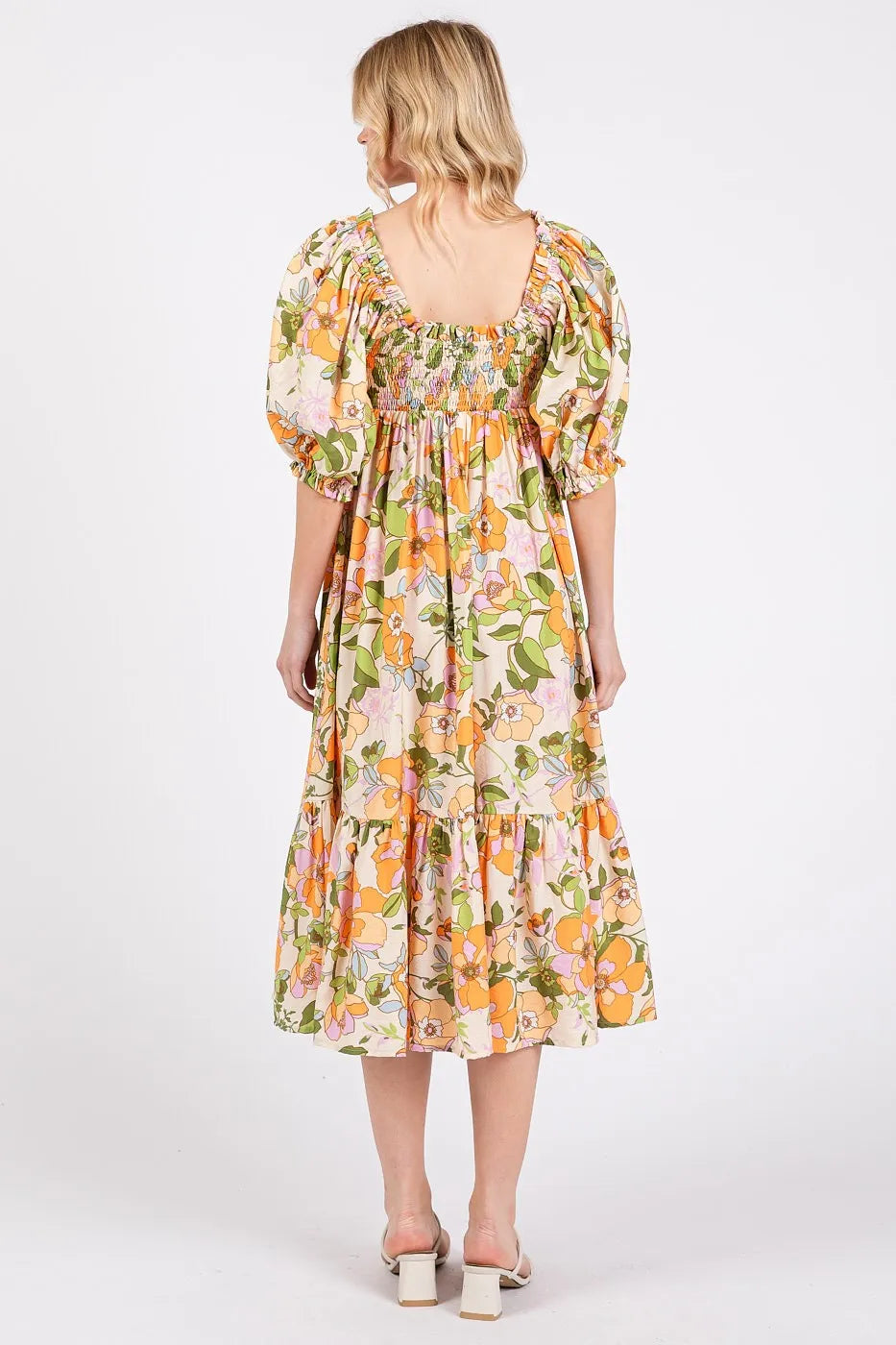 Mittoshop Flower Print Puff Sleeve Ruffle Smocked Midi Dress OutfitFlow
