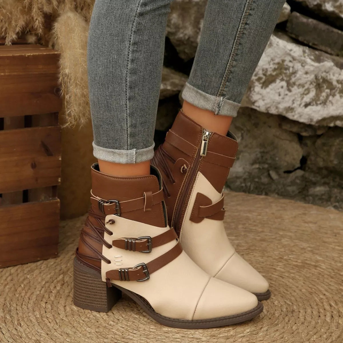 Point Toe Buckle Strap Ankle Boots with Block Heels Trendsi