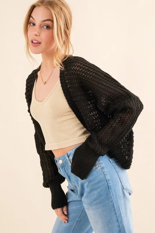 And The Why Fishnet Knitting Bolero Cardigan BLACK OutfitFlow