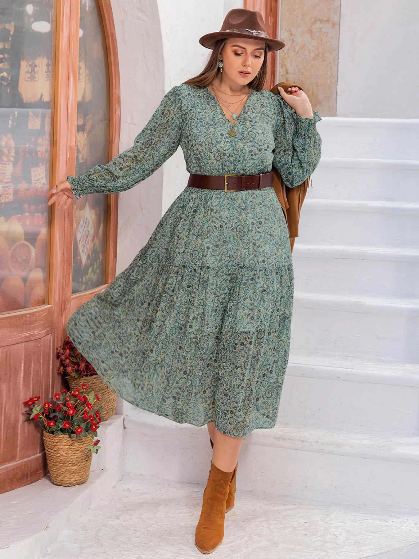 Plus Size Printed V-Neck Long Sleeve Midi Dress OutfitFlow