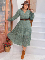 Plus Size Printed V-Neck Long Sleeve Midi Dress OutfitFlow