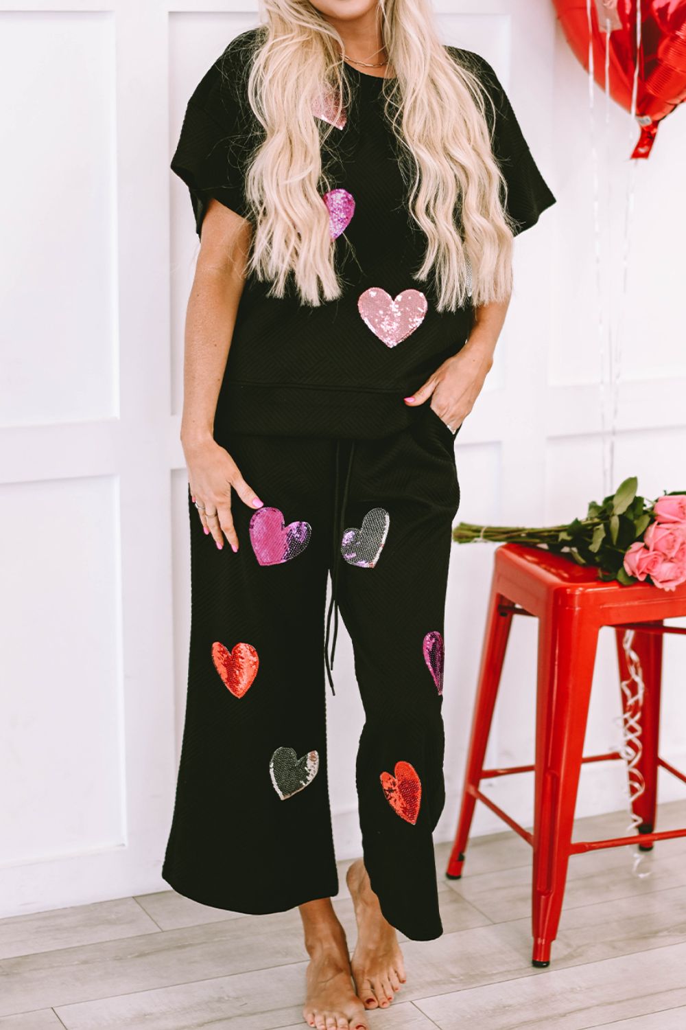 Outfit Flow - Heart Sequin Short Sleeve Top and Drawstring Pants Lounge Set