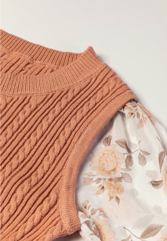 Outfit Flow - Cable Knit Round Neck Flounce Sleeve Sweater