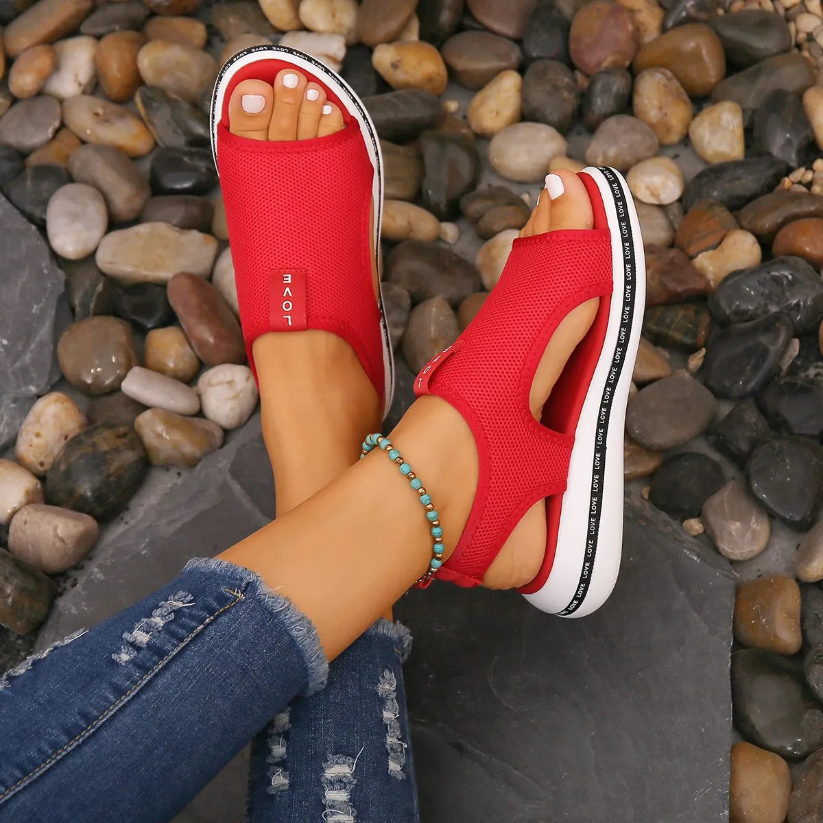 Mesh Open Toe Platform Sandals Red OutfitFlow