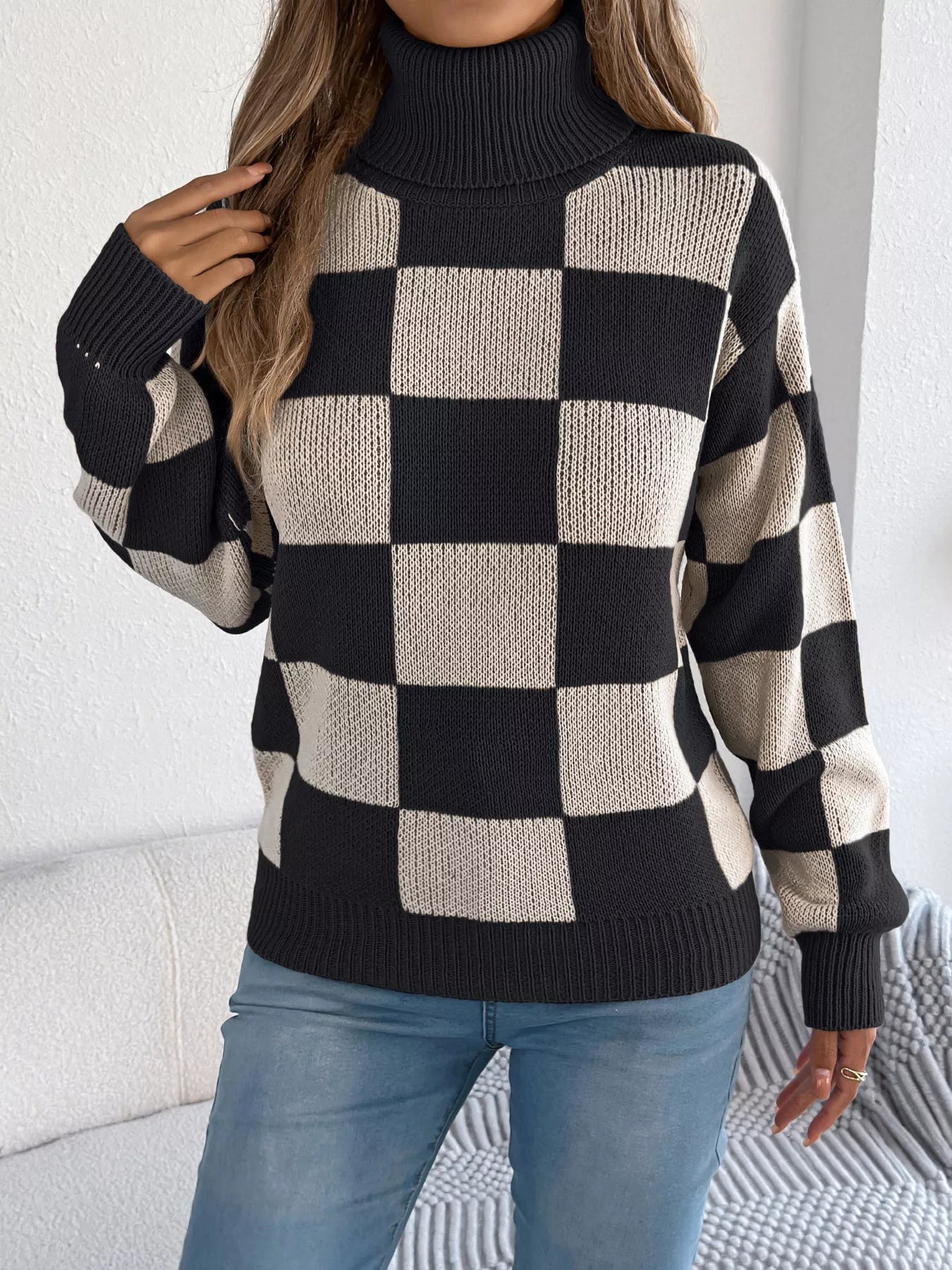 Checkered Turtleneck Long Sleeve Sweater OutfitFlow