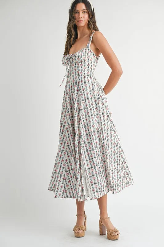 MABLE Floral Print Bustier Back Lace Up Midi Dress OutfitFlow
