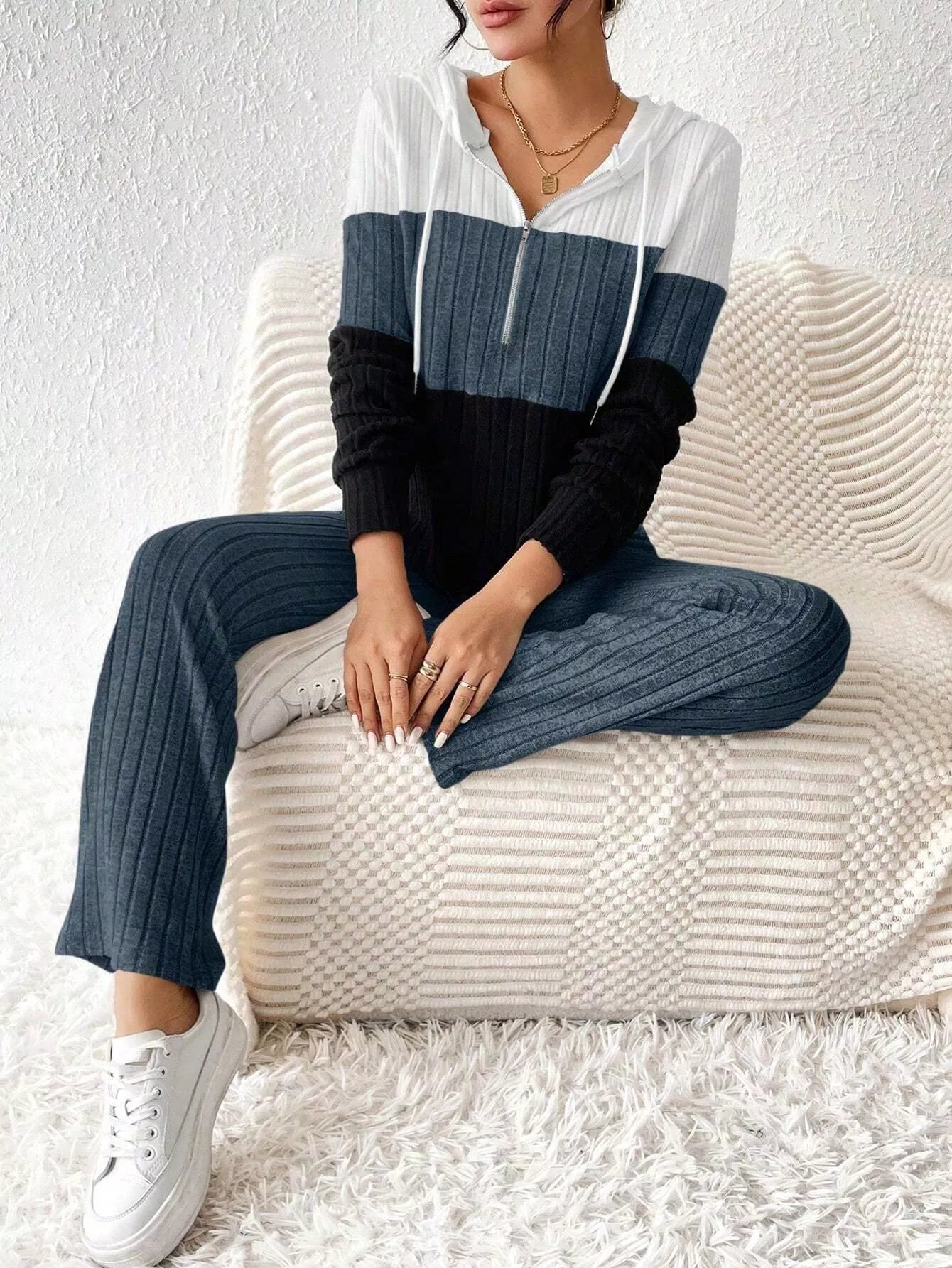 Color Block Half Zip Hooded Top and Pants Set Dark Blue OutfitFlow