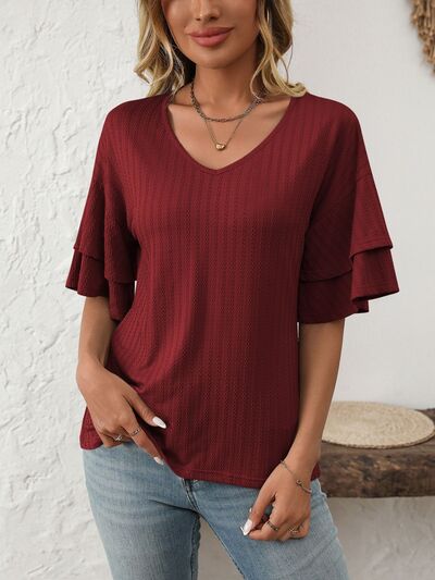 Mandy V-Neck Ruffle Half Sleeve Top OutfitFlow