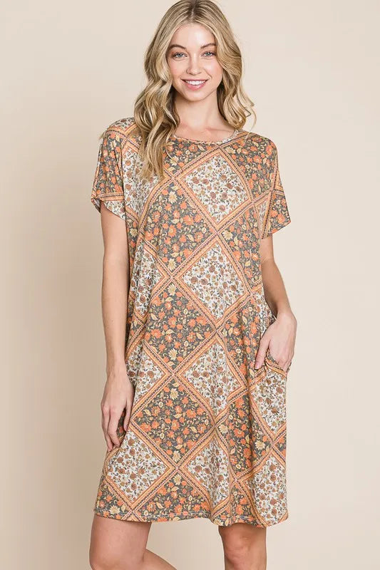 BOMBOM Multicolored Leaves Jacquard Dress Camel OutfitFlow