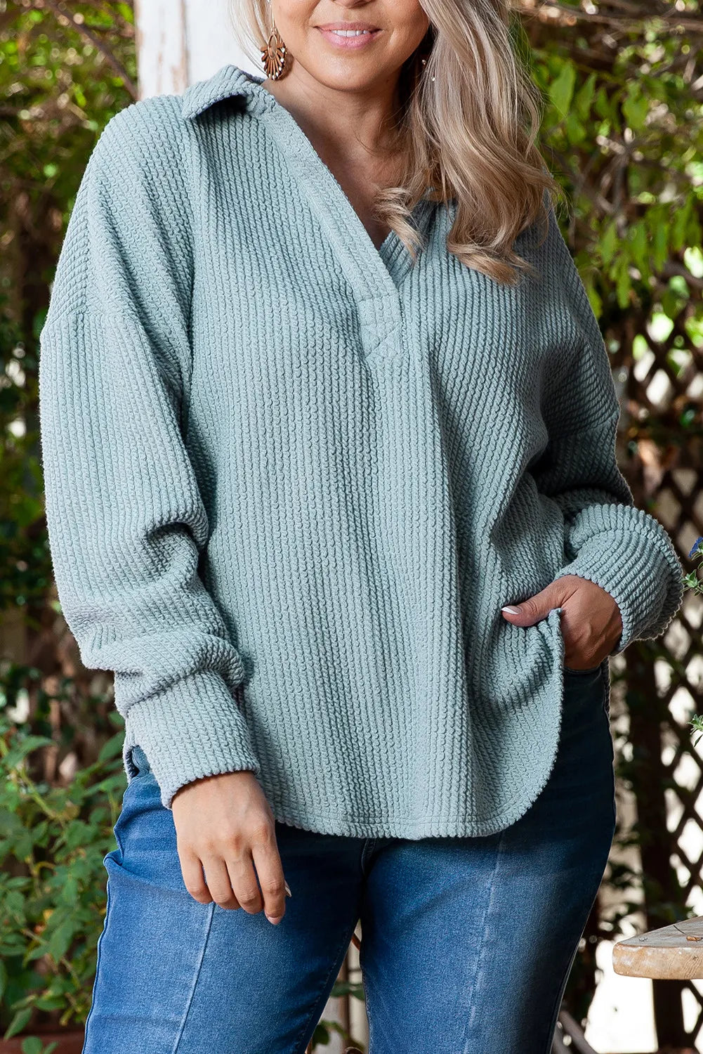 Outfit Flow - Plus Size Textured Johnny Collar Long Sleeve Sweatshirt