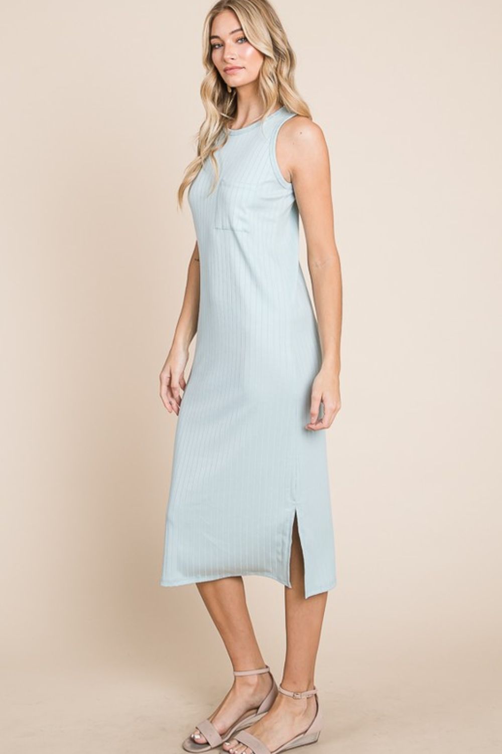 BOMBOM Ribbed Knit Sleeveless Midi Dress OutfitFlow
