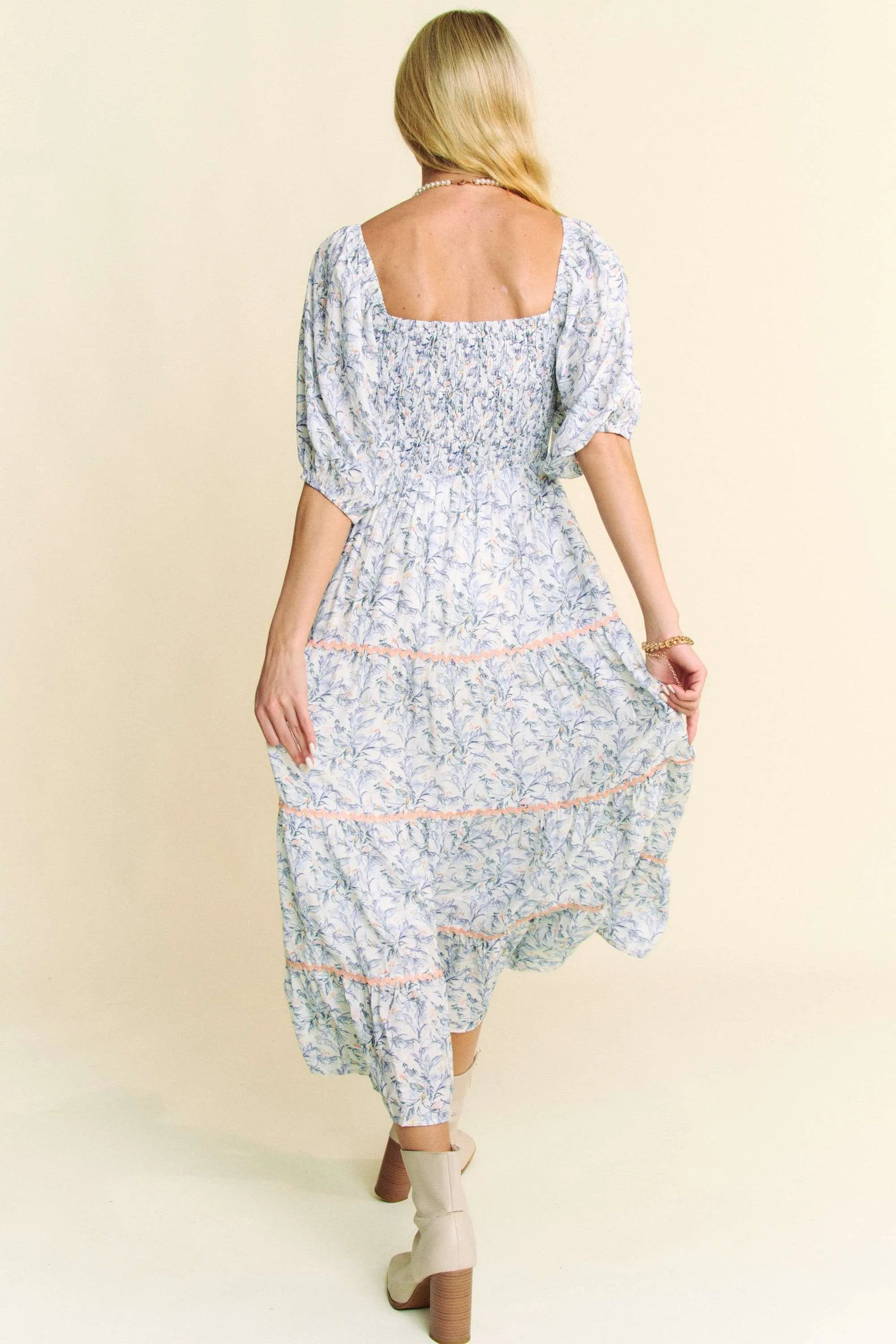 Davi & Dani Contrast Ric Smocking Bodice Tiered Midi Dress OutfitFlow