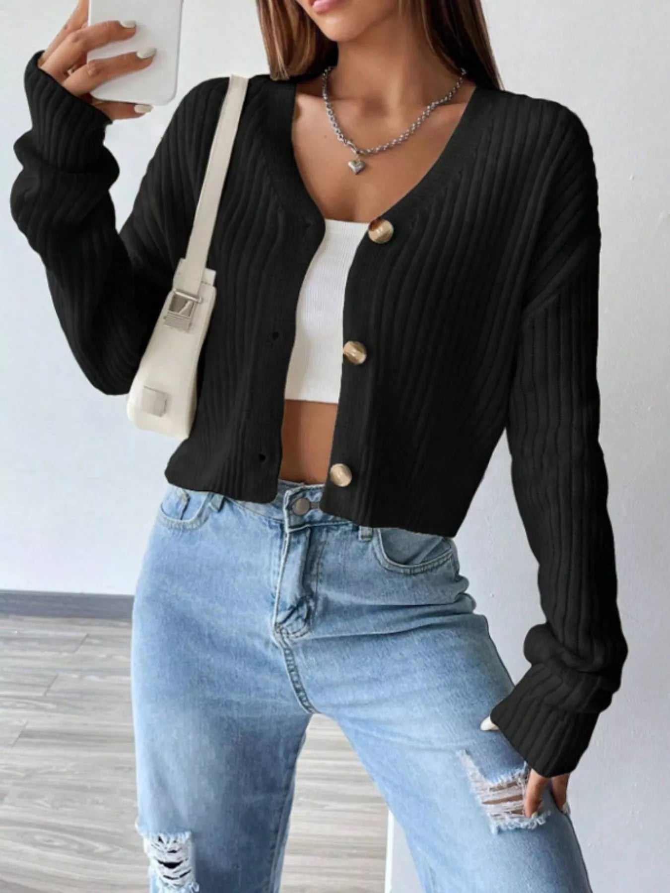 Ribbed Knit Button-Up Cropped Cardigan OutfitFlow