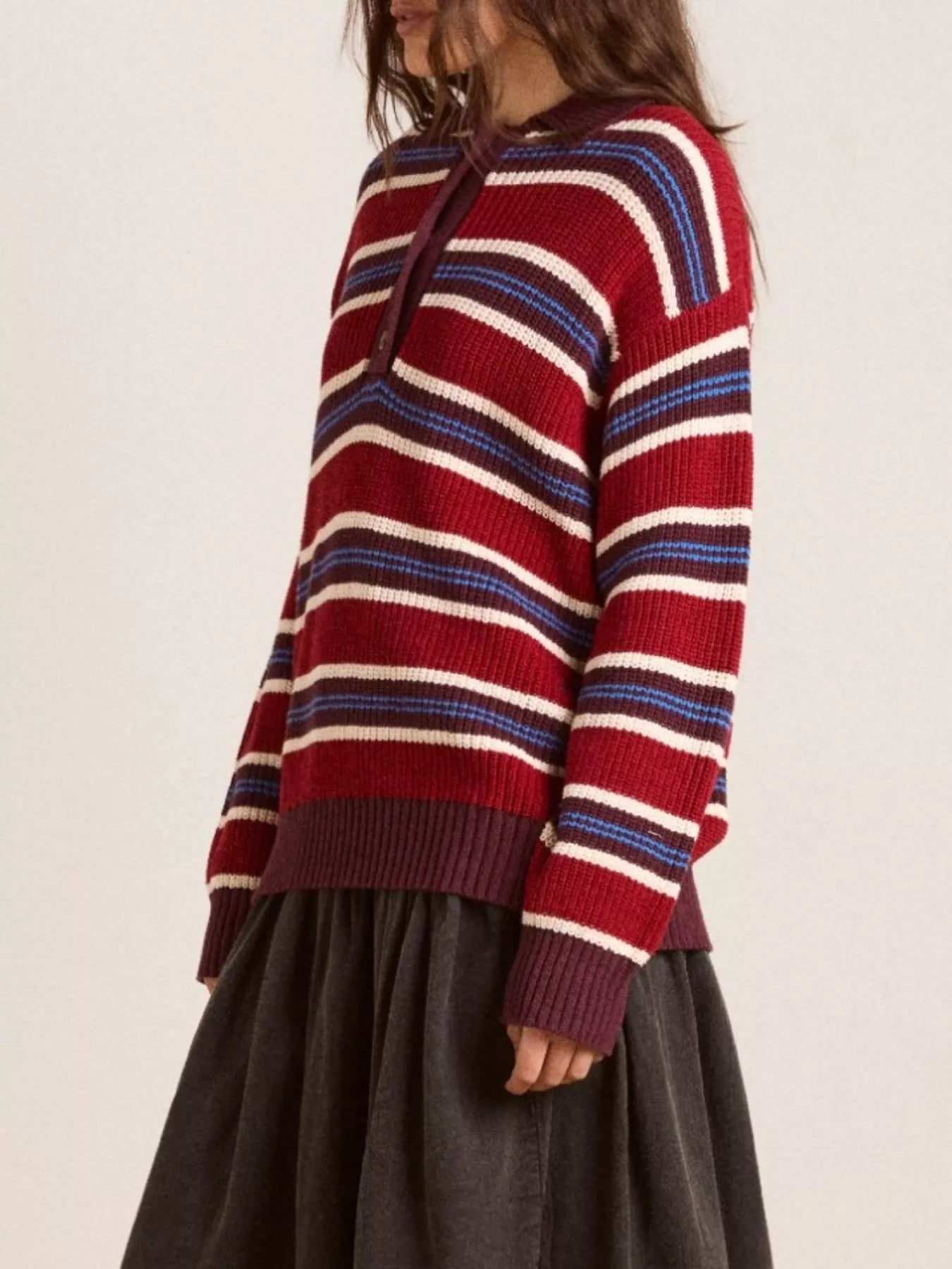 Striped Button Detail Polo Collar Sweater OutfitFlow