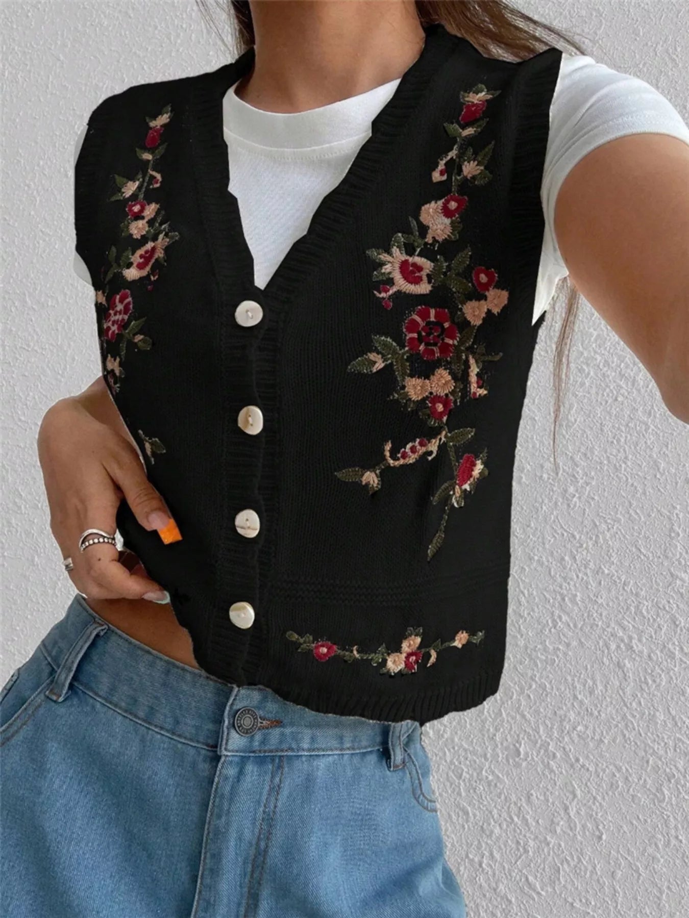 Embroidered Button Up Sweater Vest OutfitFlow