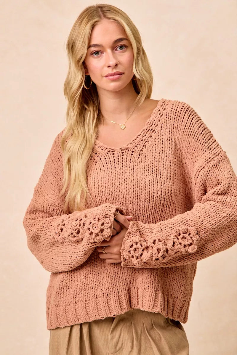 BiBi Chunky Knit Sweater with Flower Detail Sleeves OutfitFlow