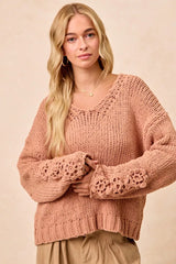 BiBi Chunky Knit Sweater with Flower Detail Sleeves OutfitFlow