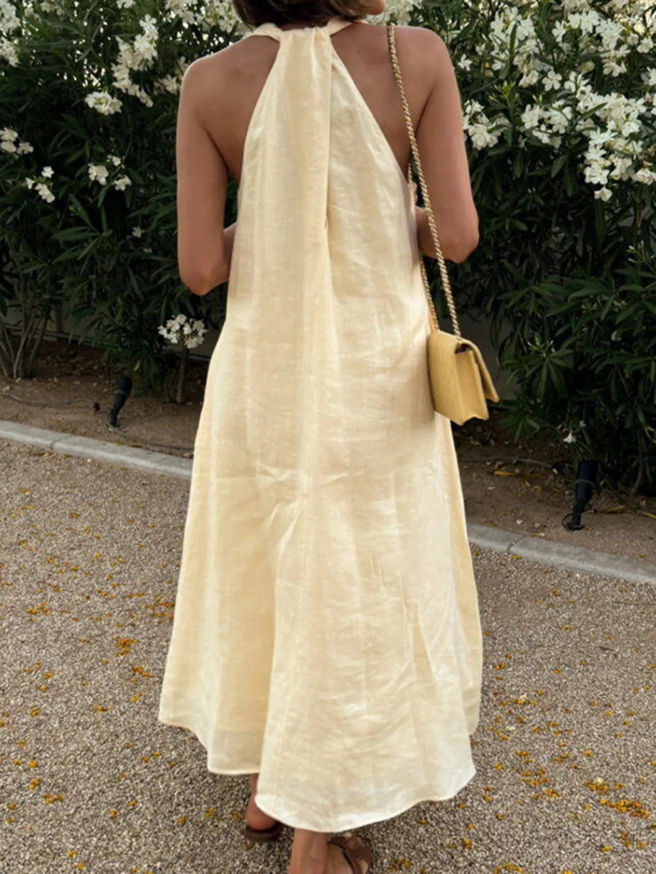 Halter V-Neck Linen Midi Dress OutfitFlow