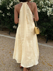 Halter V-Neck Linen Midi Dress OutfitFlow