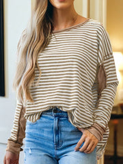 Striped Drop Shoulder Casual Top Camel OutfitFlow