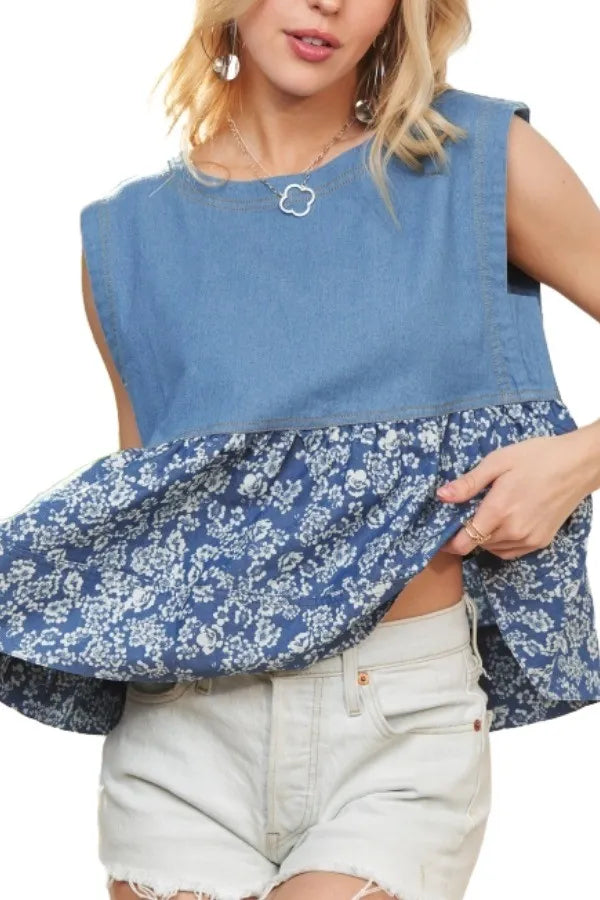 ADORA Sleeveless Denim Contrast Top OutfitFlow
