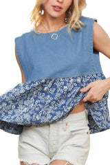 ADORA Sleeveless Denim Contrast Top OutfitFlow