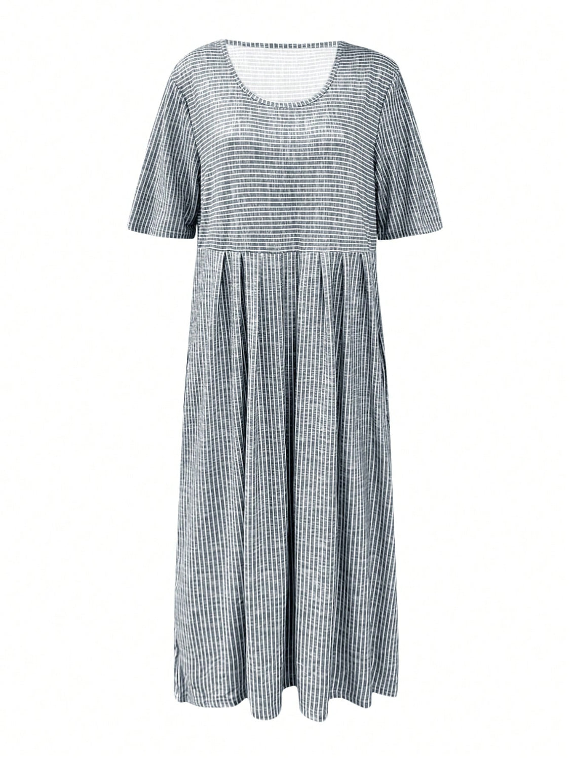Striped Round Neck Short Sleeve Midi Dress OutfitFlow