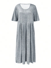 Striped Round Neck Short Sleeve Midi Dress OutfitFlow
