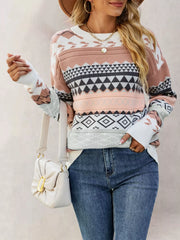 Geometric Pattern Round Neck Sweater Pink OutfitFlow