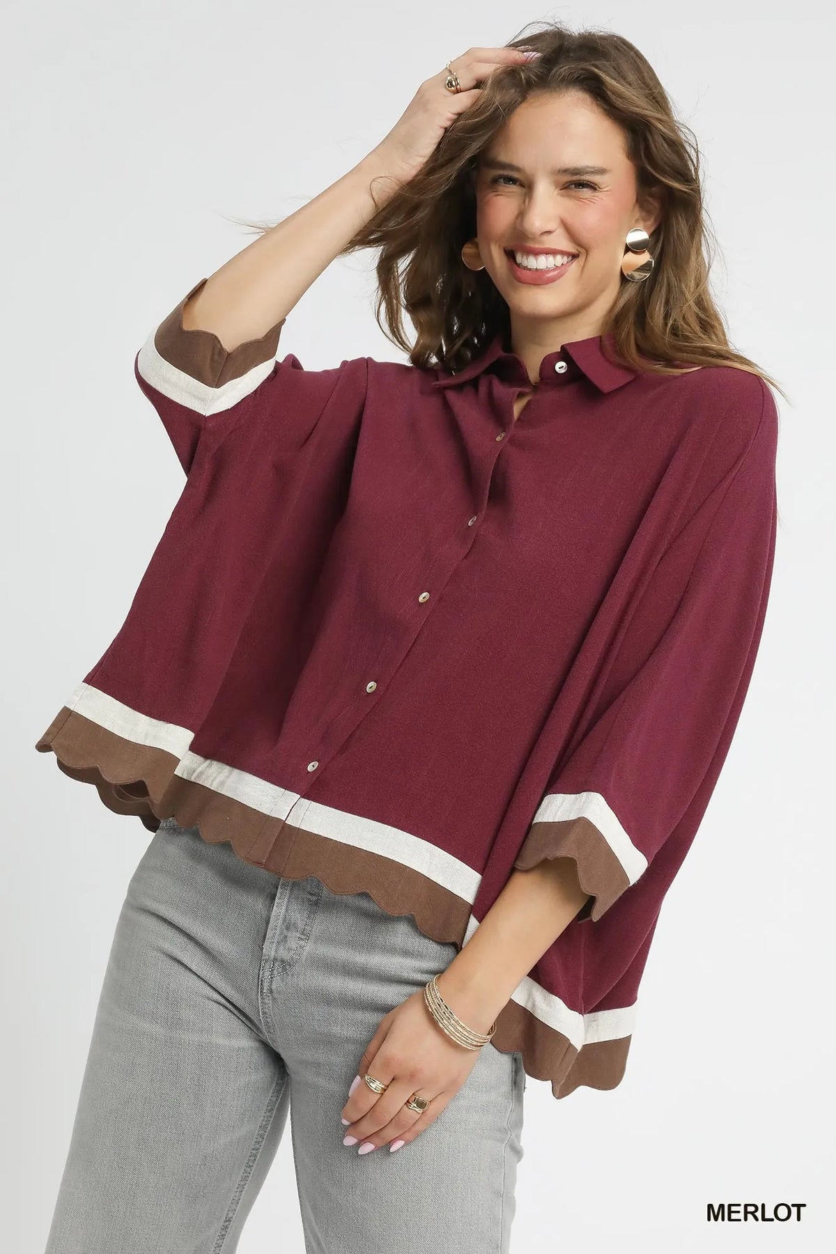 Umgee Colorblock Button-Down Shirt with Scallop Hem MERLOT Trendsi