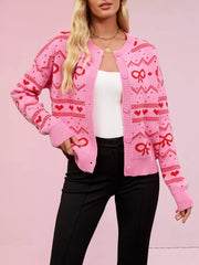 Bowknot Pattern Knit Cardigan Fuchsia Pink OutfitFlow