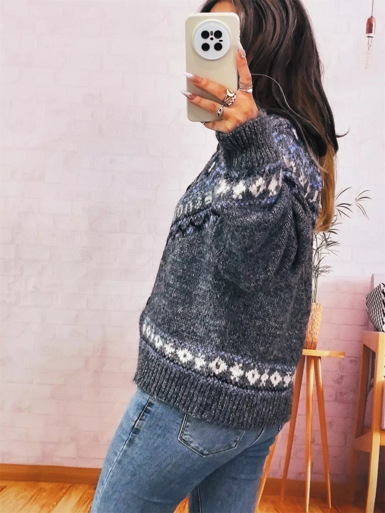 Geometric Pattern Button Up Long Sleeve Cardigan OutfitFlow