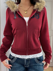 Fur Hooded Zip-Up Jacket Red Trendsi
