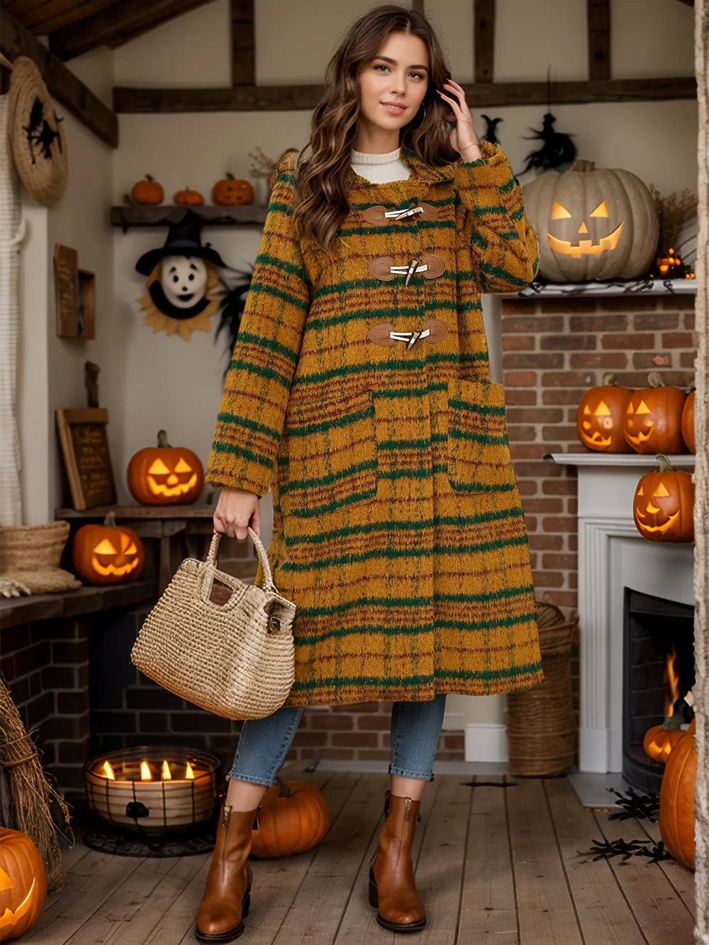 Plaid Long Sleeve Hooded Coat with Pockets Mustard OutfitFlow