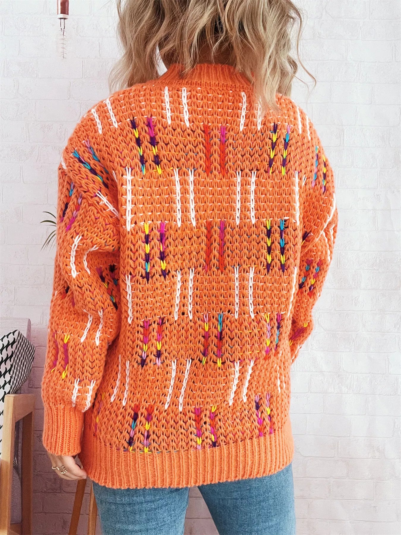 Colorful Round Neck Long Sleeve Sweater OutfitFlow