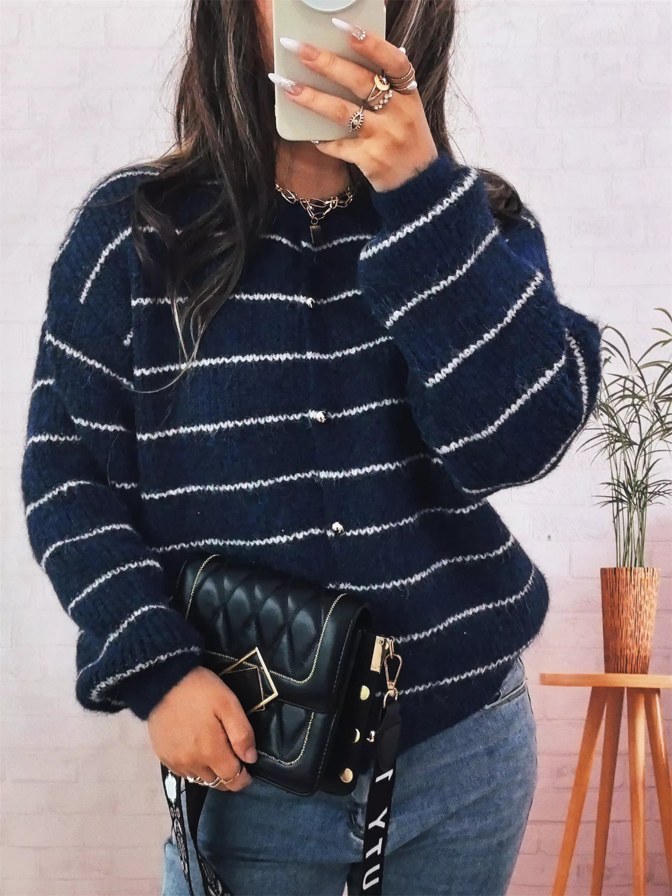 Striped Button Up Long Sleeve Cardigan OutfitFlow