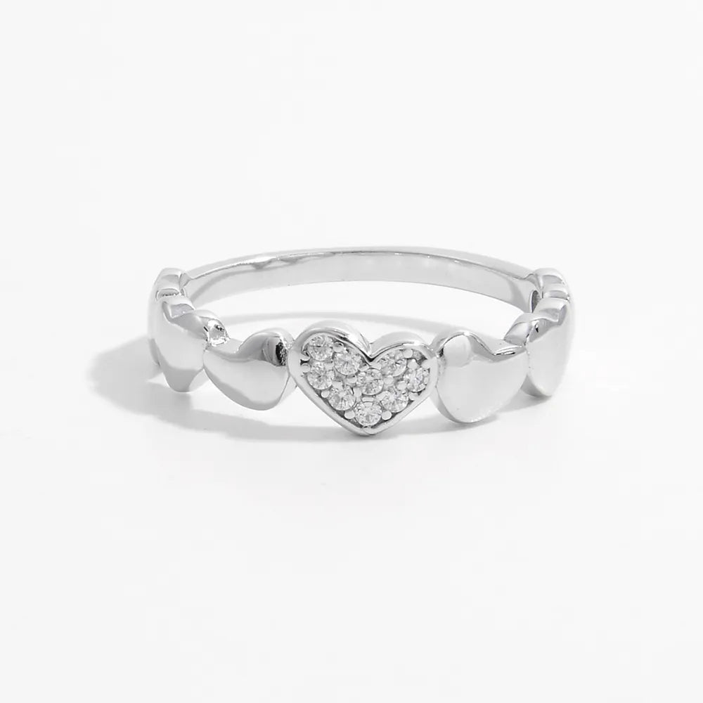 925 Sterling Silver Inlaid Zircon Heart Ring Silver OutfitFlow