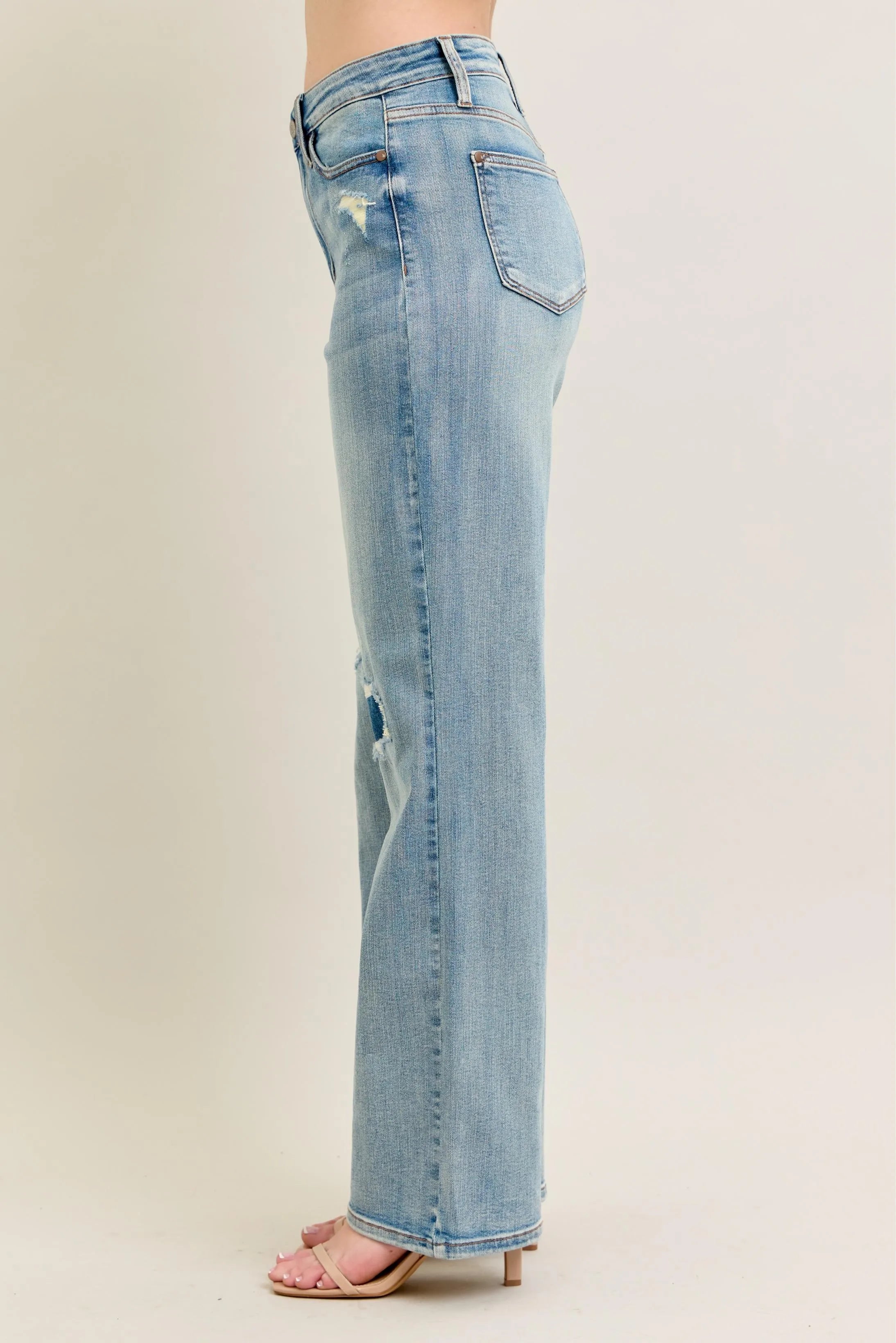 Judy Blue Full Size Hw Destroy & Knee Patch Straight Jeans Plus Size OutfitFlow