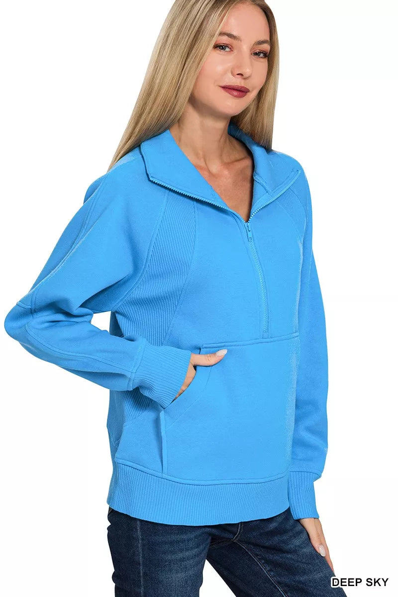 Zenana Half Zip Fleece Sweatshirt with kangaroo Pocket OutfitFlow