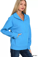 Zenana Half Zip Fleece Sweatshirt with kangaroo Pocket OutfitFlow