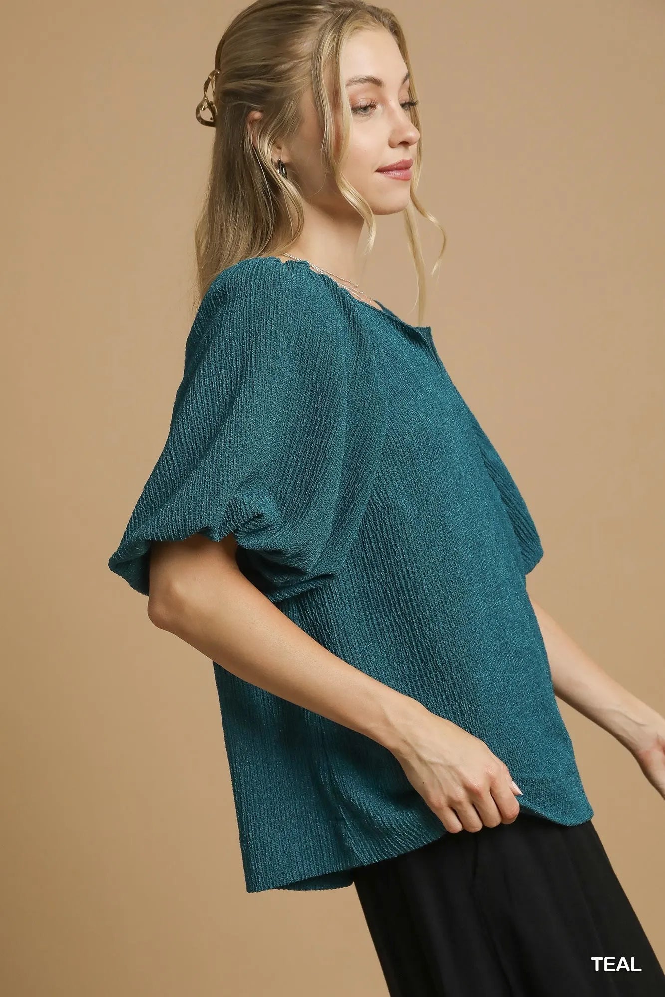 Umgee Textured Flutter Sleeve Notch Neck Top OutfitFlow