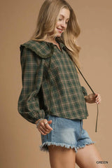 Umgee Full Size Plaid Ruffle Collar Blouse Plus Size Trendsi