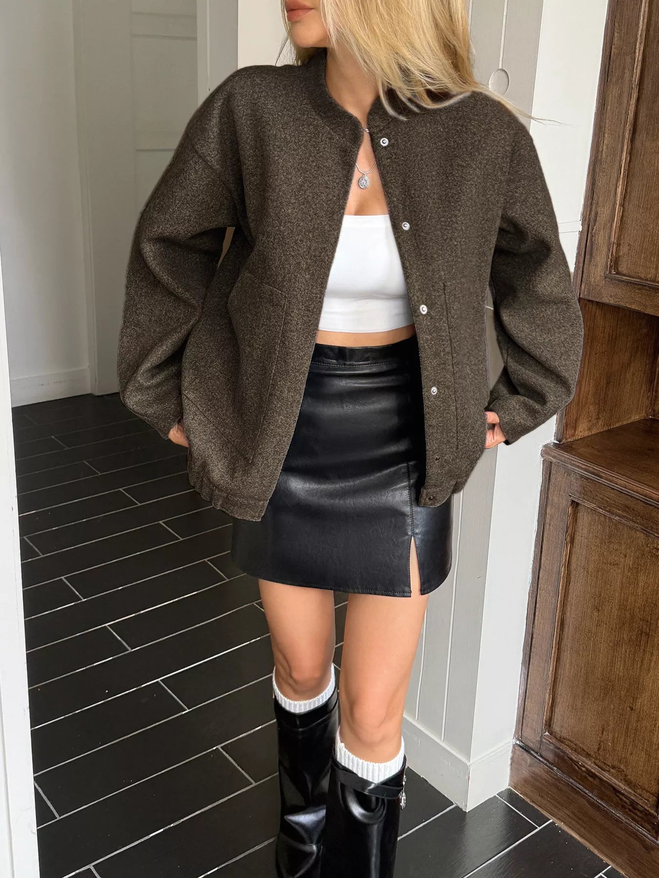 Snap Down Dropped Shoulder Jacket Brown OutfitFlow